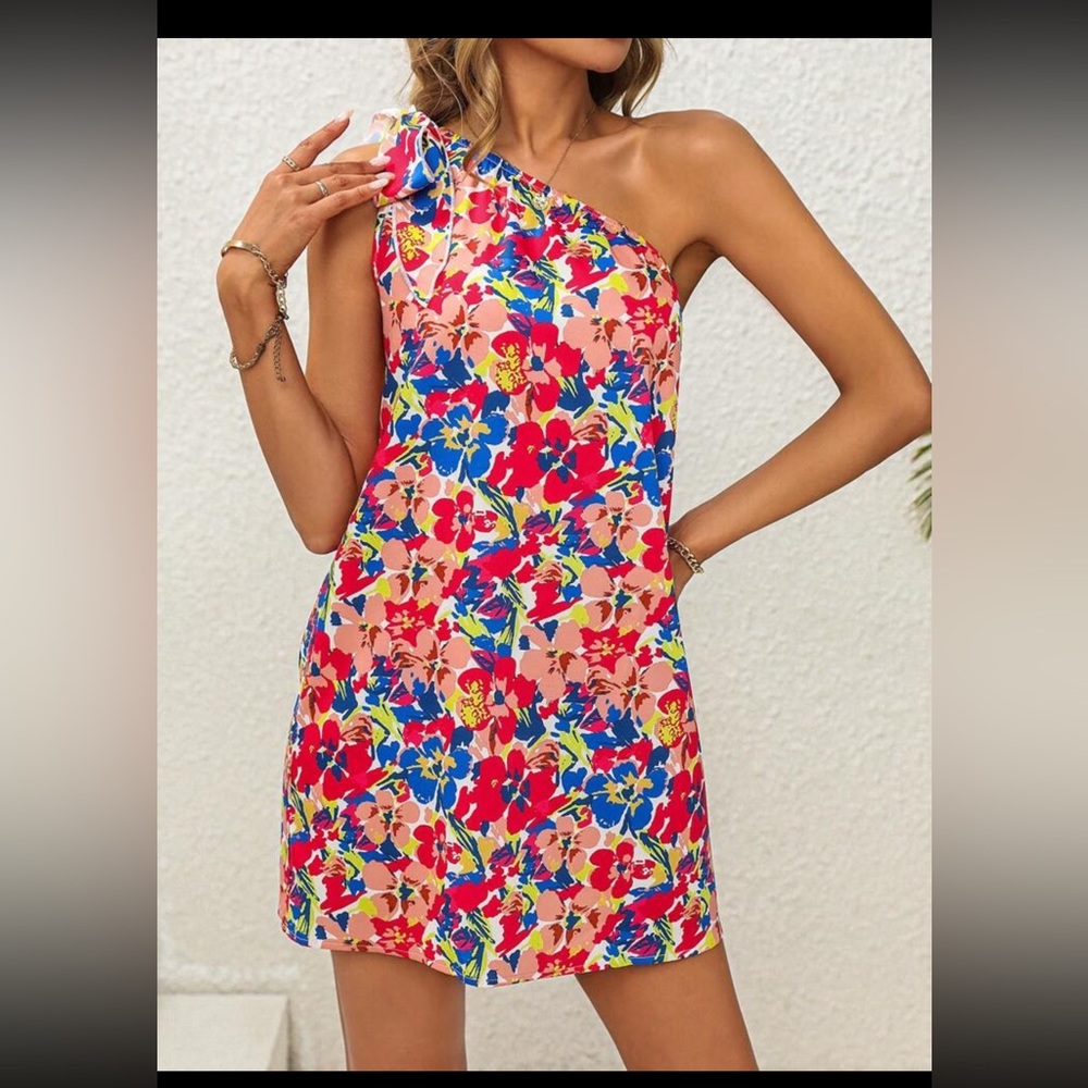 One Shoulder Colorful Floral Dress